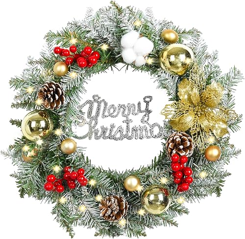 Siudaro Corona de Navidad artificial preiluminada, ramas esmeriladas, luces blancas, decorada con conos de pino, racimos de bayas, bolas de colores