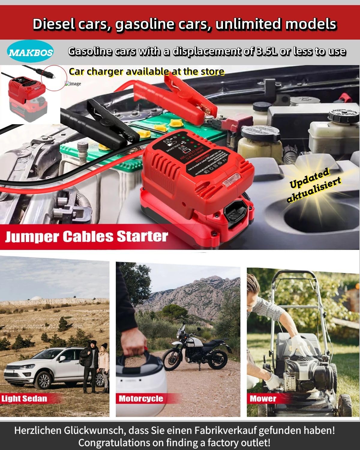 Adaptador de arranque de coche para batería Craftsman de 20 V, motores de gasolina de hasta 3.5 L o diésel de 6.5 L, batería portátil de arranque de coche de 12 V, cables de arranque de batería para