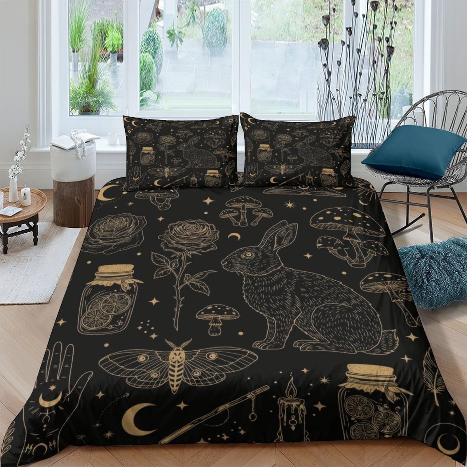 Ctjqhvkz Style-10 3D Printed Mystic Rabbit Fitted Sheet Microfiber Soft Black Celestial Insect Mattress Cover Bedroom Decor Single（135X200cm）