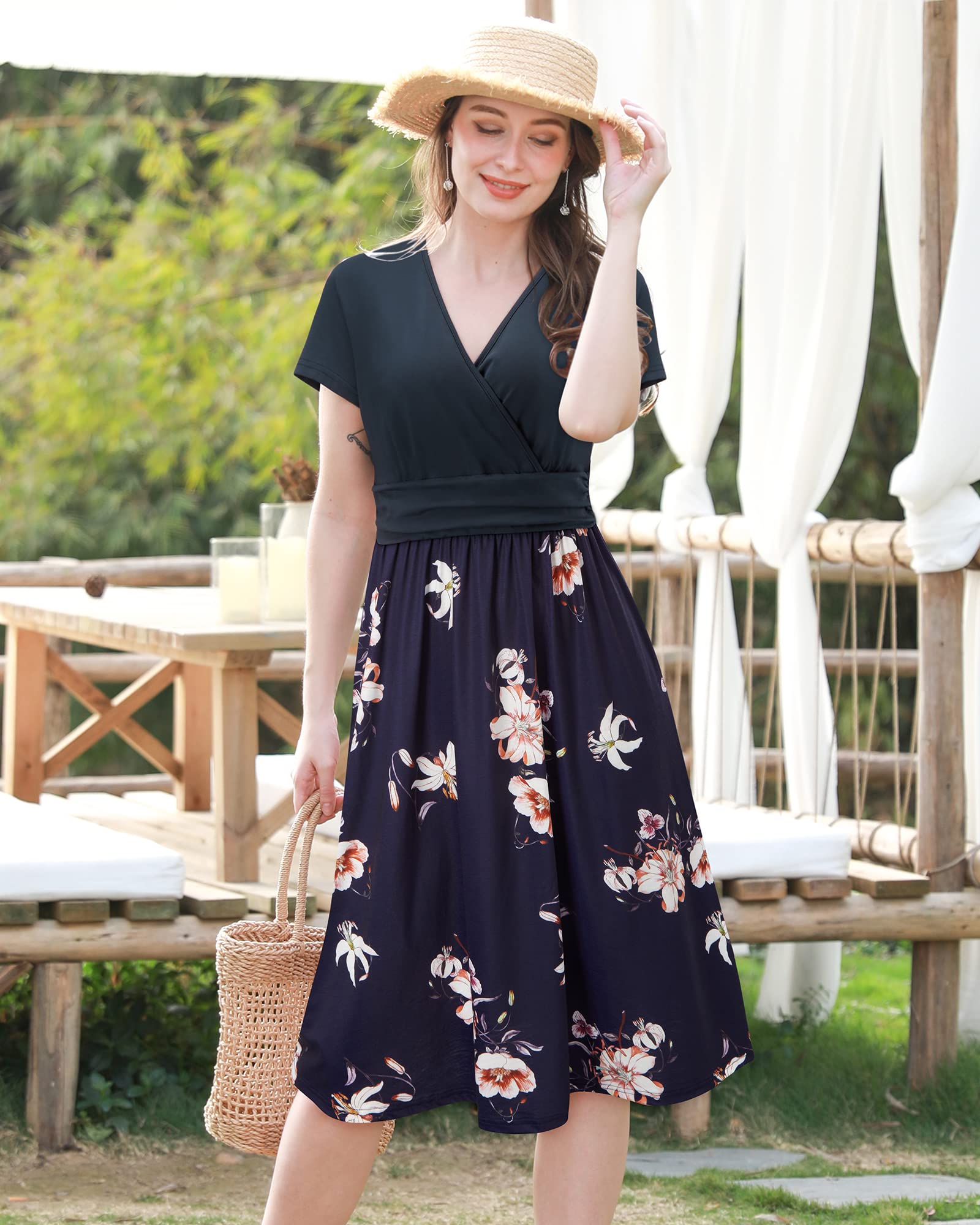STYLEWORD Damen Sommerkleid Kurzarm V-Ausschnitt Blumenmuster Wickelkleid mit Taschen