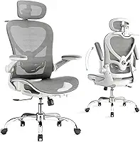 Cadeira de Escritorio com Encosto de Cabeça 3D, Cadeira Ergonomica com Cabide, Cadeira Executiva com Suporte Lombar 2D e Braços Rebatíveis, Assento e Encosto de Malha, Cinza