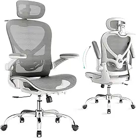 Cadeira de Escritorio com Encosto de Cabeça 3D, Cadeira Ergonomica com Cabide, Cadeira Executiva com Suporte Lombar 2D e Braços Rebatíveis, Assento e Encosto de Malha, Cinza