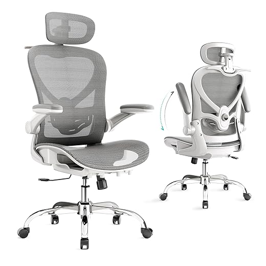 Cadeira de Escritorio com Encosto de Cabeça 3D, Cadeira Ergonomica com Cabide, Cadeira Executiva com Suporte Lombar 2D e Braços Rebatíveis, Assento e Encosto de Malha, Cinza