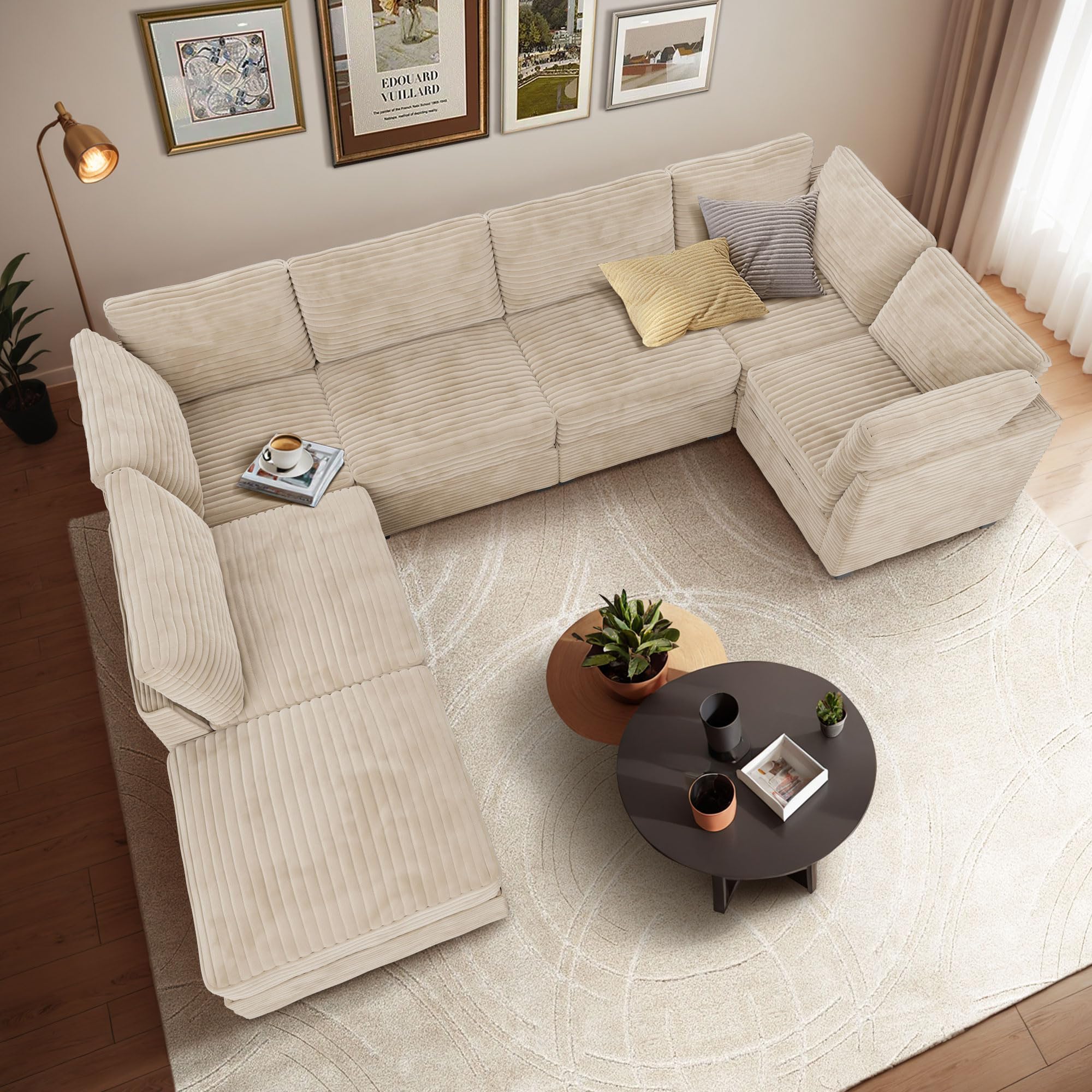 CAODOC Large 7 Seat Modular Sectional Sofa with Ottoman Seat Corduroy Sleeper Sectional Sofa Bed Oversized Convertible Modular Couch for Living Room
