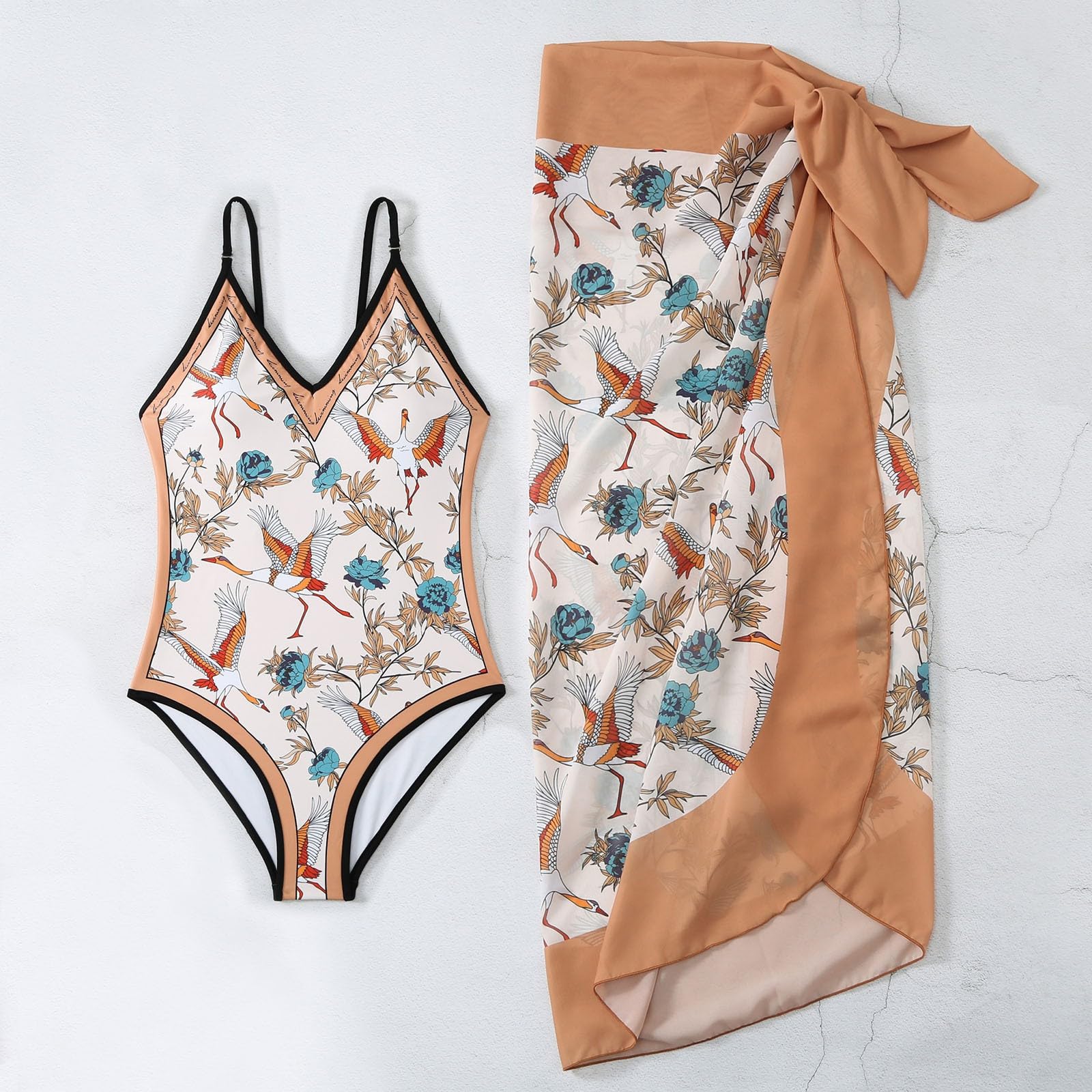 Generisch Costume da bagno da donna stile retrò con scollo a V e gonna da spiaggia copertura avvolgente, due pezzi, bikini set bikini nero da donna