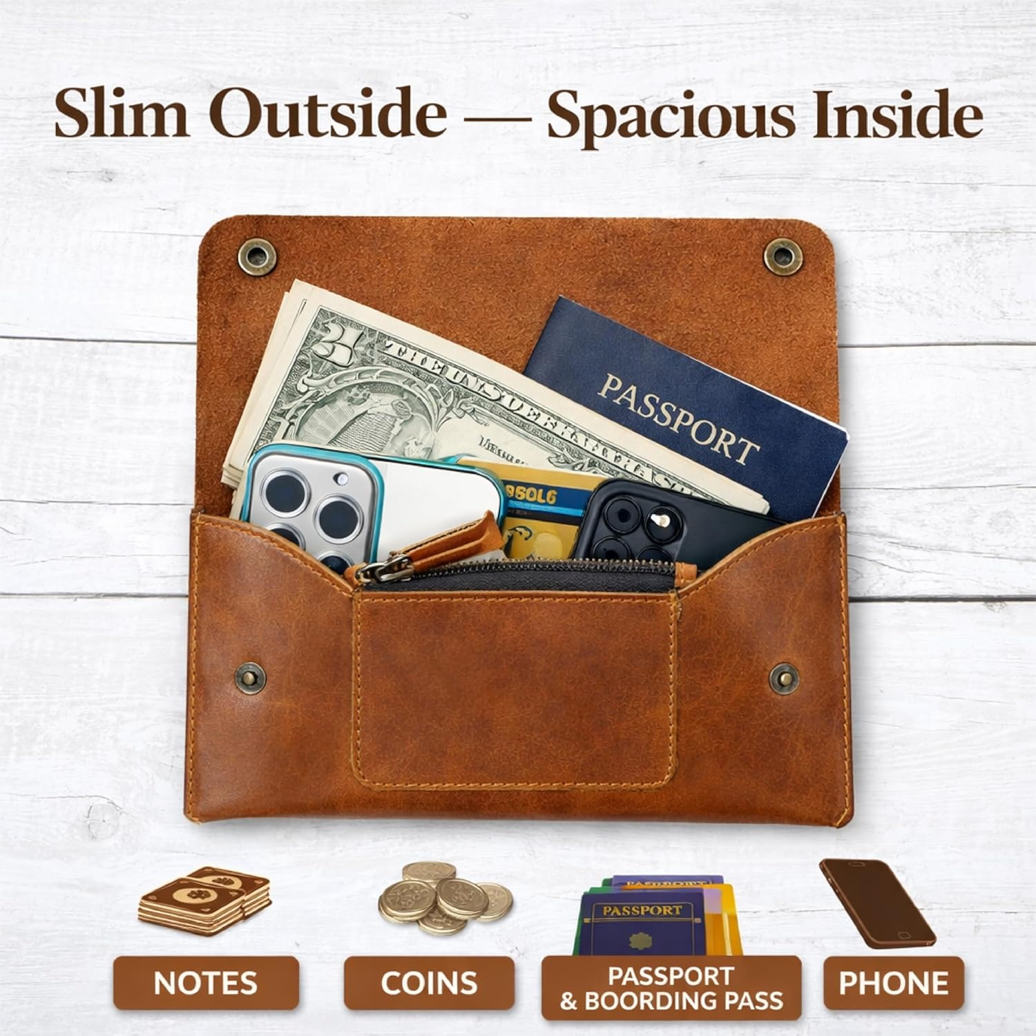 Leather Currency Pouch, Currency Organiser, Dollar Bills Holder, Bills Organizer, Money Envelope with Mobile Pocket, Money Bag For Men & Women (TAN) - Image 2