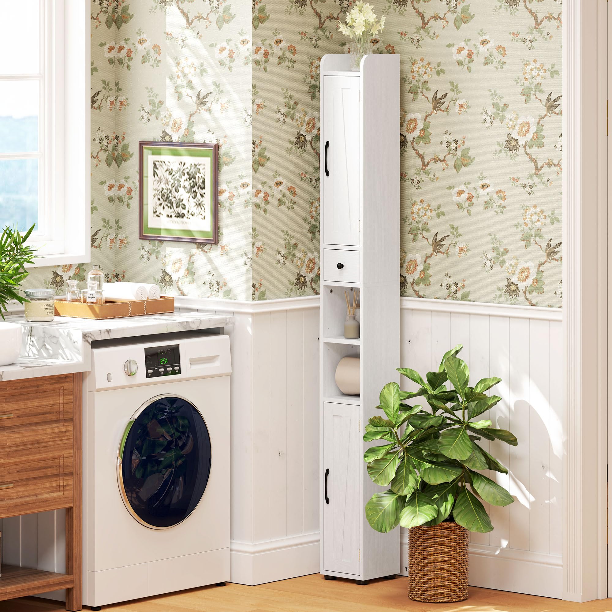 HOMCOM Columna de Baño Estrecha con 2 Puertas Armario Alto de Baño Rústico con Cajón Compartimento Abierto Estantes Ajustables y Portarrollos 20x20x185 cm Blanco