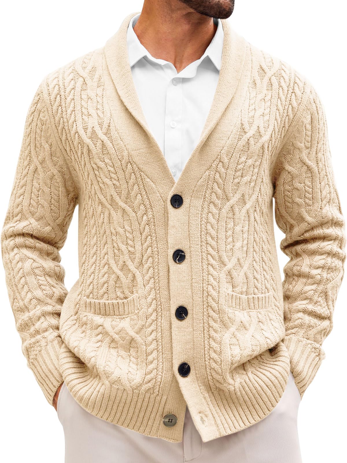 Mens Shawl Collar Cardigan Sweater Casual Cable Knit Button Down Winter Chunky Ribbed Sweaters-image-40