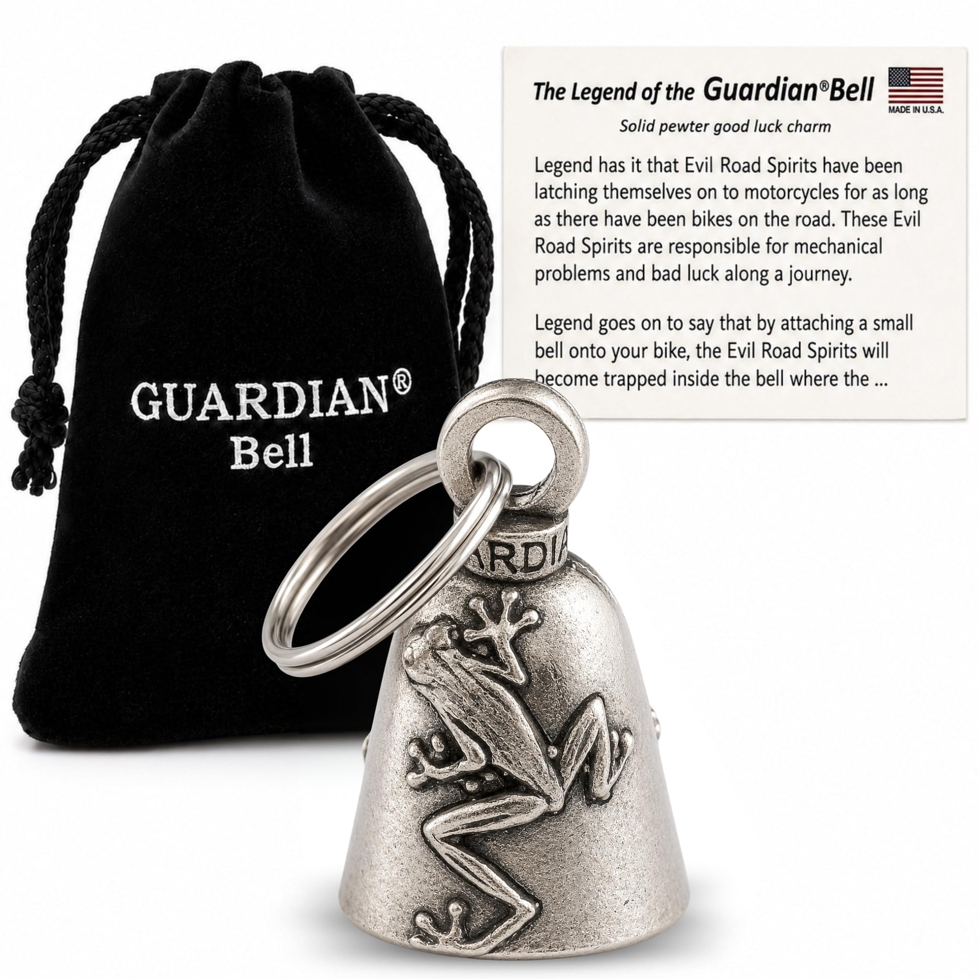 Guardian Bell Tree Frog Good Luck Bell w/Keyring &amp; Black Velvet Gift Bag | Motorcycle Bell | Lead-Free Pewter | Good Luck Gift to Friends &amp; Family | Bike Bell | Made in USA