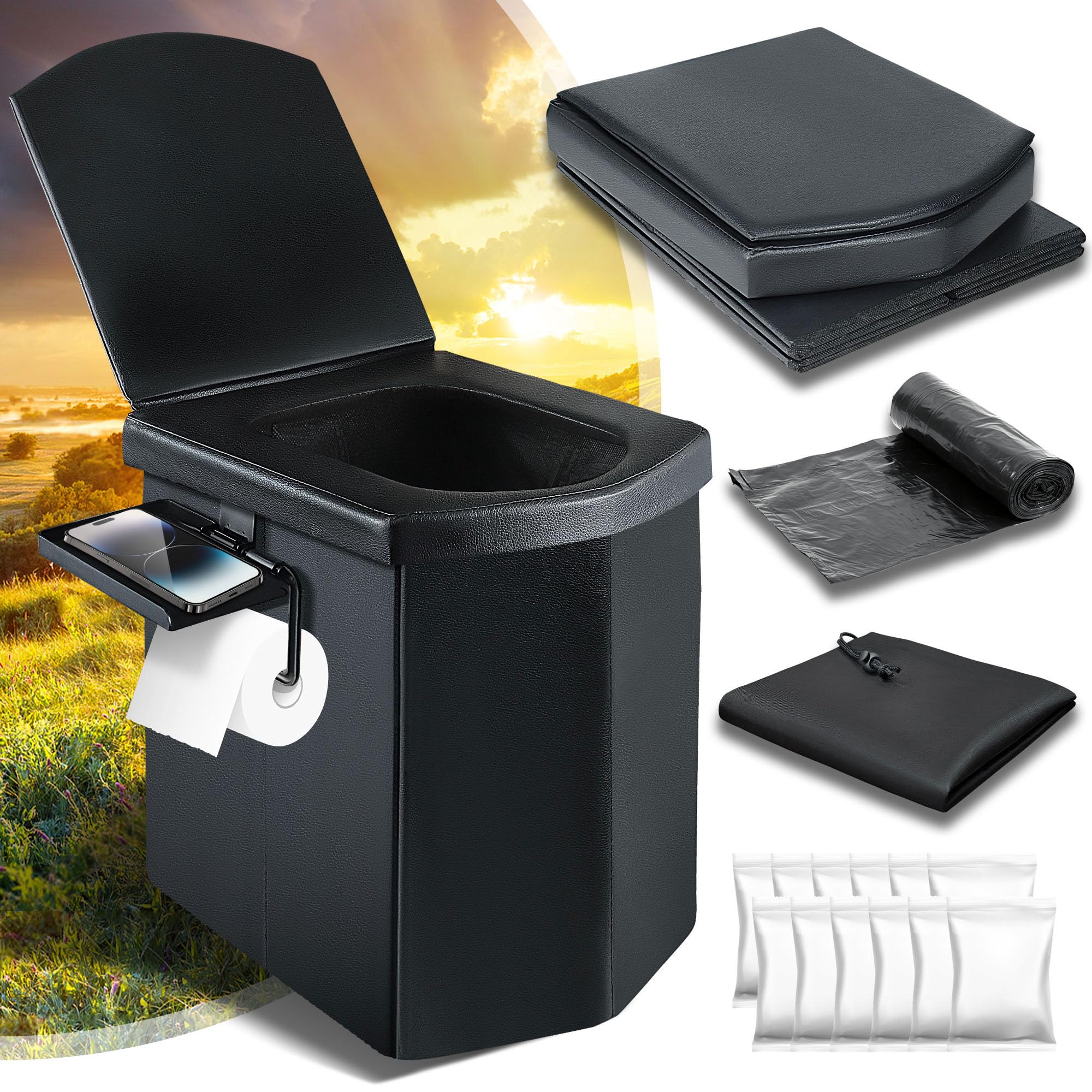 LanAqua Tragbare Toilette für Erwachsene, extra große Campingtoilette, Reise-Klapptoilette mit Deckel, Papierhalter und praktischer Tragetasche, kompaktes Töpfchen mit einer Tragfähigkeit von 204 kg
