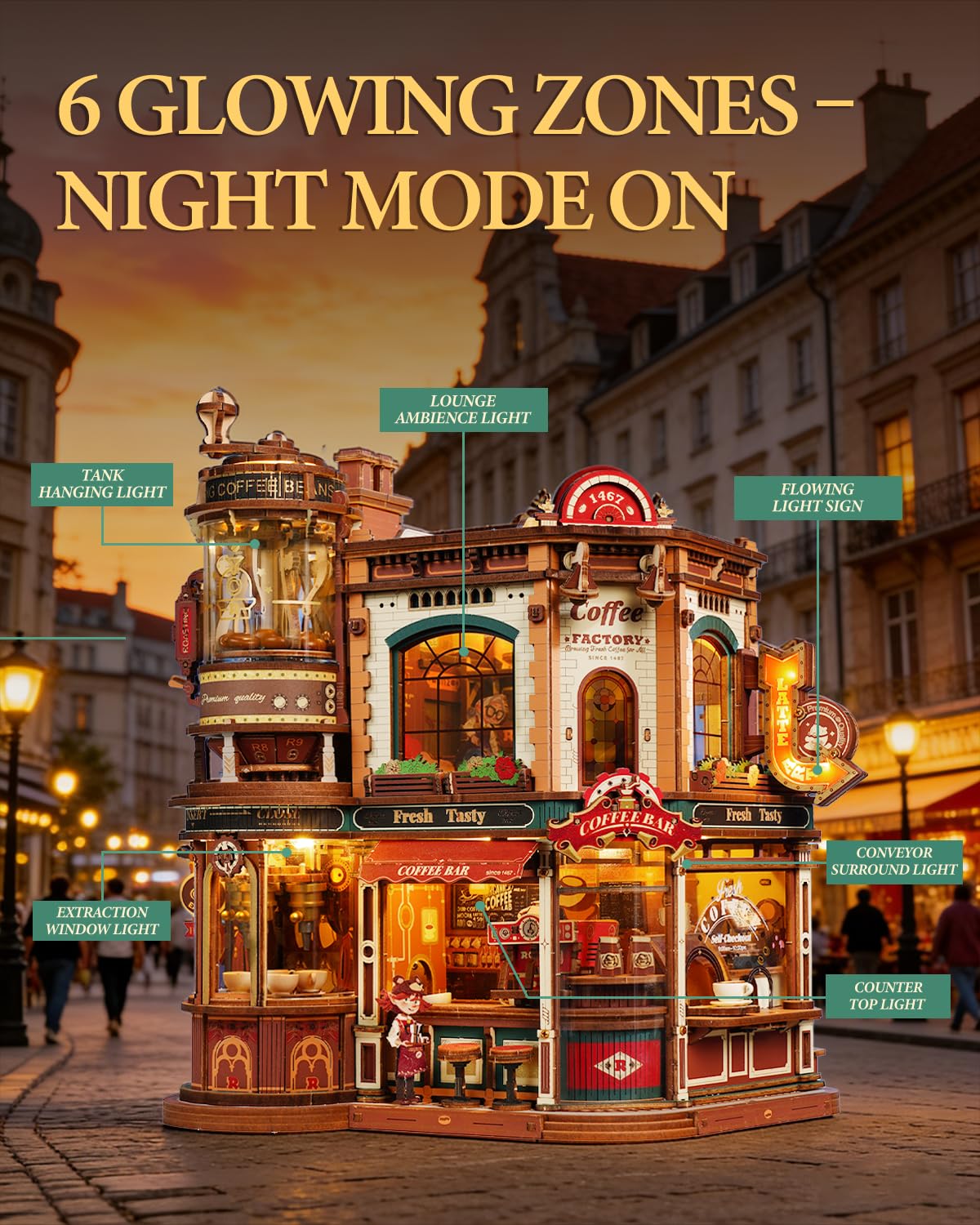 ROKR Moving Dream Coffee Factory DIY Miniature House Kit - 3D Wooden Puzzles for Adults with Music Box & LED Lights, No Glue Kinetic Model Building Kit, Unique Home Decor Gifts for Adults Women Men - 5