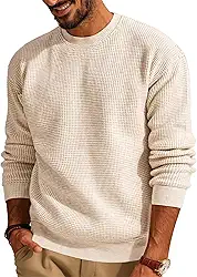 Camisola de malha térmica de manga comprida com textura de waffle para homem, camisola de malha casual para outono e inverno