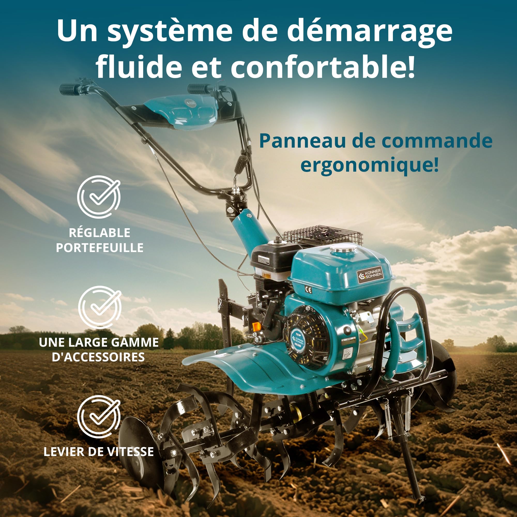 Könner & Söhnen KS 7HP-950S, Motoculteur à essence, motobineuse, entraînement par chaîne, 2 vitesses avant, marche arrière, largeur de travail 108 cm, profondeur 31 cm, puissance du Cultivateur 7,0 ch