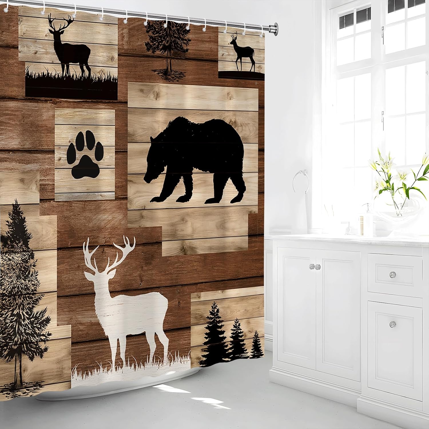 Rustic Cabin Shower Curtain Country Lodge Bear Deer Wildlife Forest Animal Hunting Camping Adventure Farmhouse Vintage Brown Wood Board Fashion Bathroom Bath Accessories Set with Hook 70W x 90H inch
