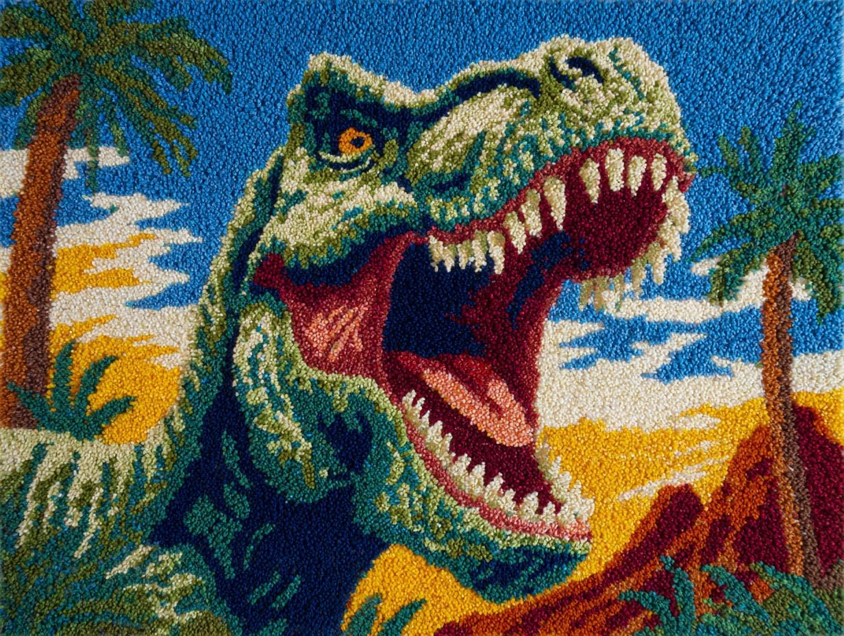 DIY Latch Hook Rug Kit Roaring Dinosaur 52x38cm-10 | Hook and Latch Yarn Crochet Floor Mat with Pattern Easy for Beginners Adults Carpet Tapestry Making for Home Decoration