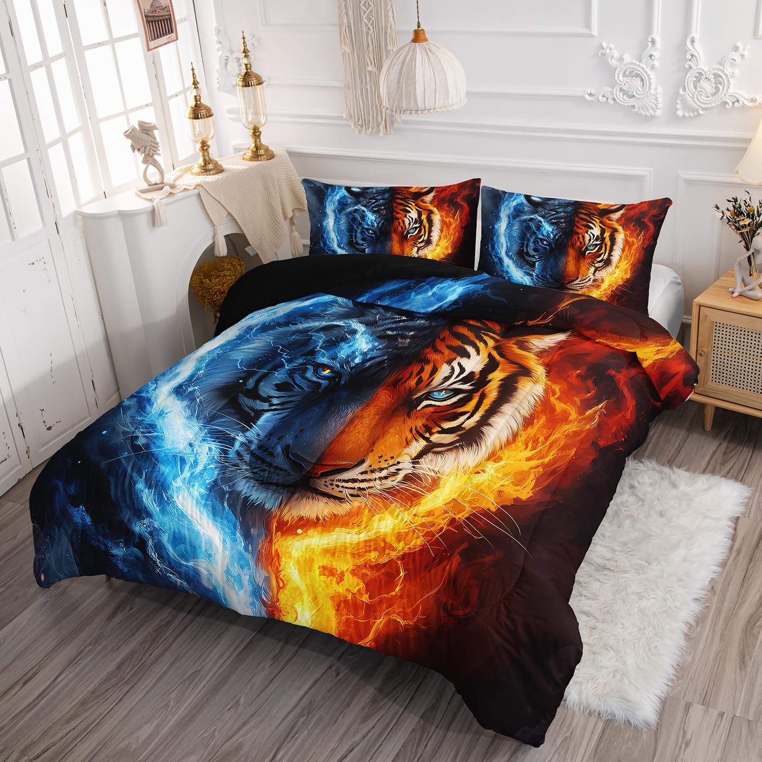 Tiger Comforter Set Wild Animals Flame Printed Bedding Set with 1 Comforter and 2 Pillowcases for Boys and Girls Bedroom All Season（Tiger Twin - Image 3