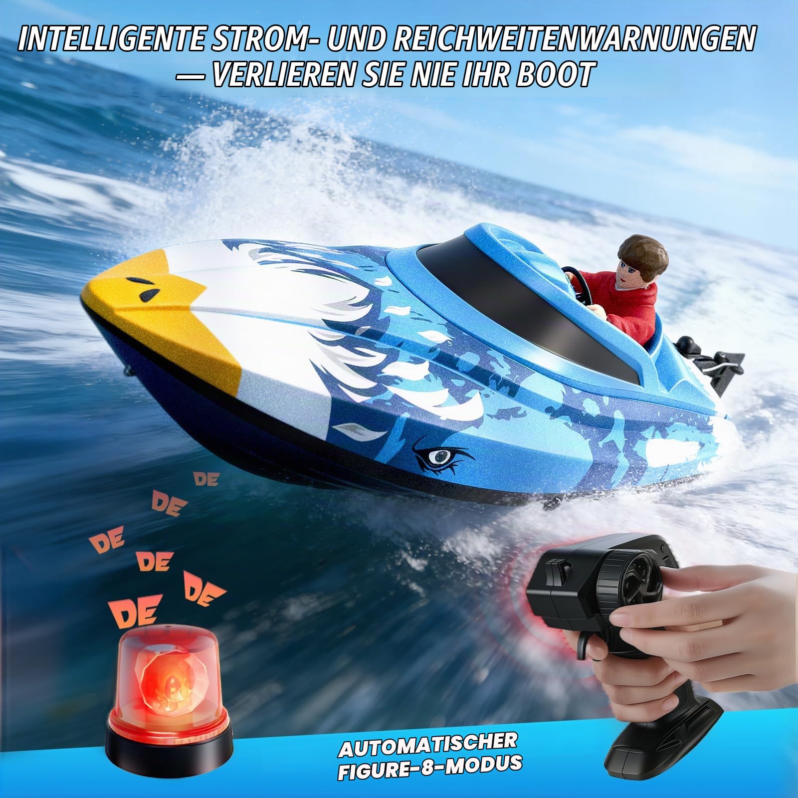 Ferngesteuertes RC Boot 25 km/h - 2,4 GHz Fernsteuerung mit 120m Reichweite - Wasserdichtes Speedboot mit LED & Flip-Funktion - 2 Akkus & Wasserkühlung für Pool See Erwachsene Kinder, Blau + Muster