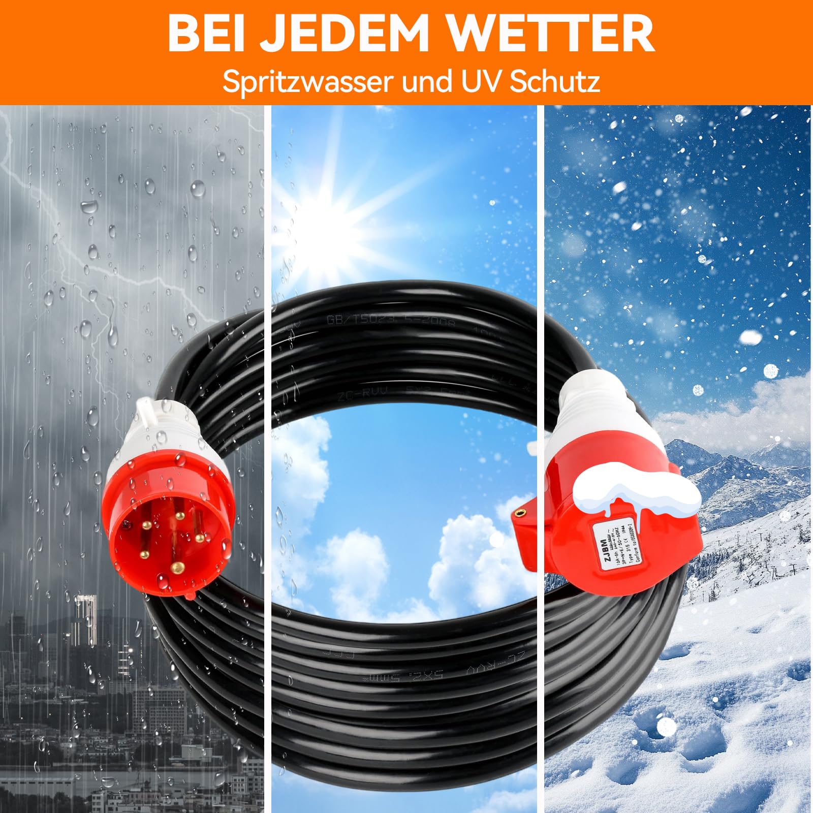 Warmfay CEE Verlängerungskabel 2m, 400V 16A Starkstromkabel Gummi, 5x2,5mm² Starkstromkabel CEE Verlängerung IP44 Außenbereich Baustelle Werkstatt Industrie