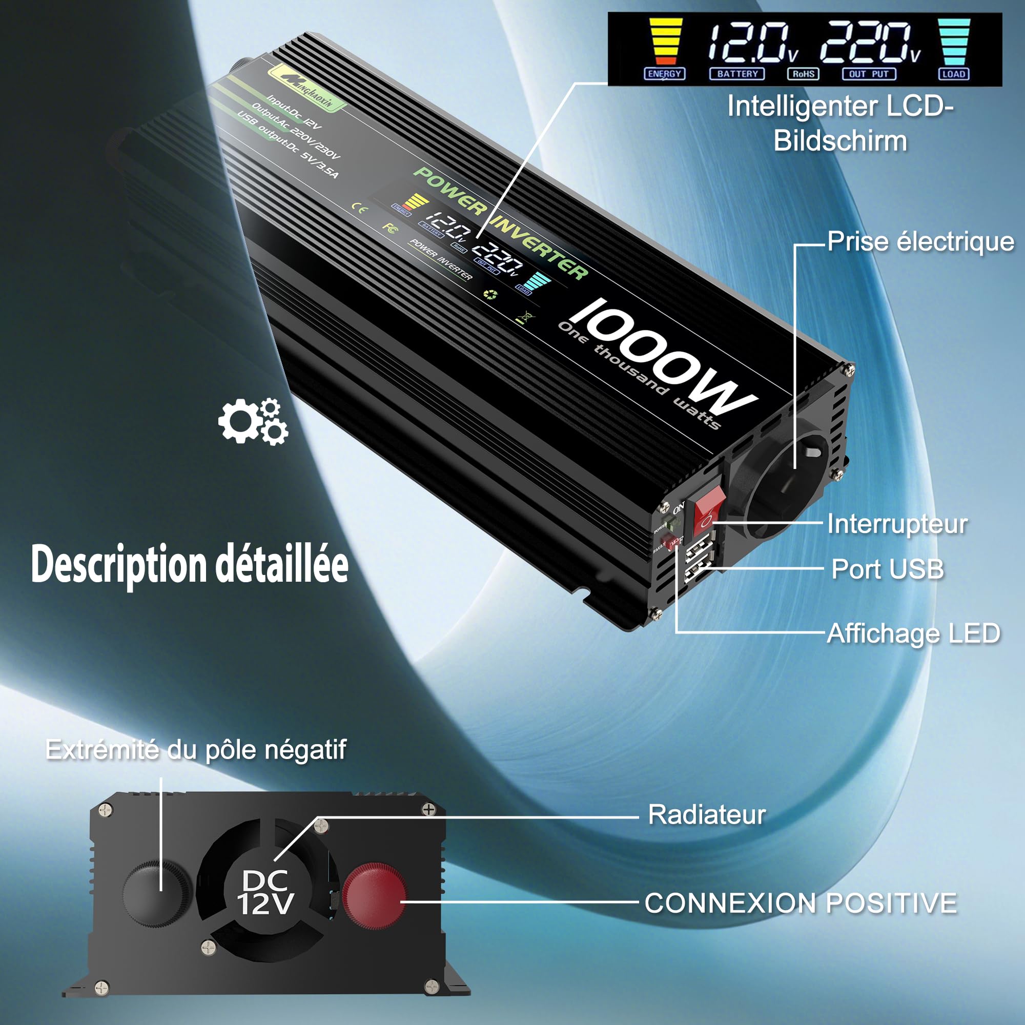 1000W/2000W Convertisseur 12V 220V/230V Transformateur, DC AC Onduleur Power Inverter Allume 2 Prise EU De Courant Alternatif LCD pour Voiture, Camping, Voyage, Panneau Solaire, VR