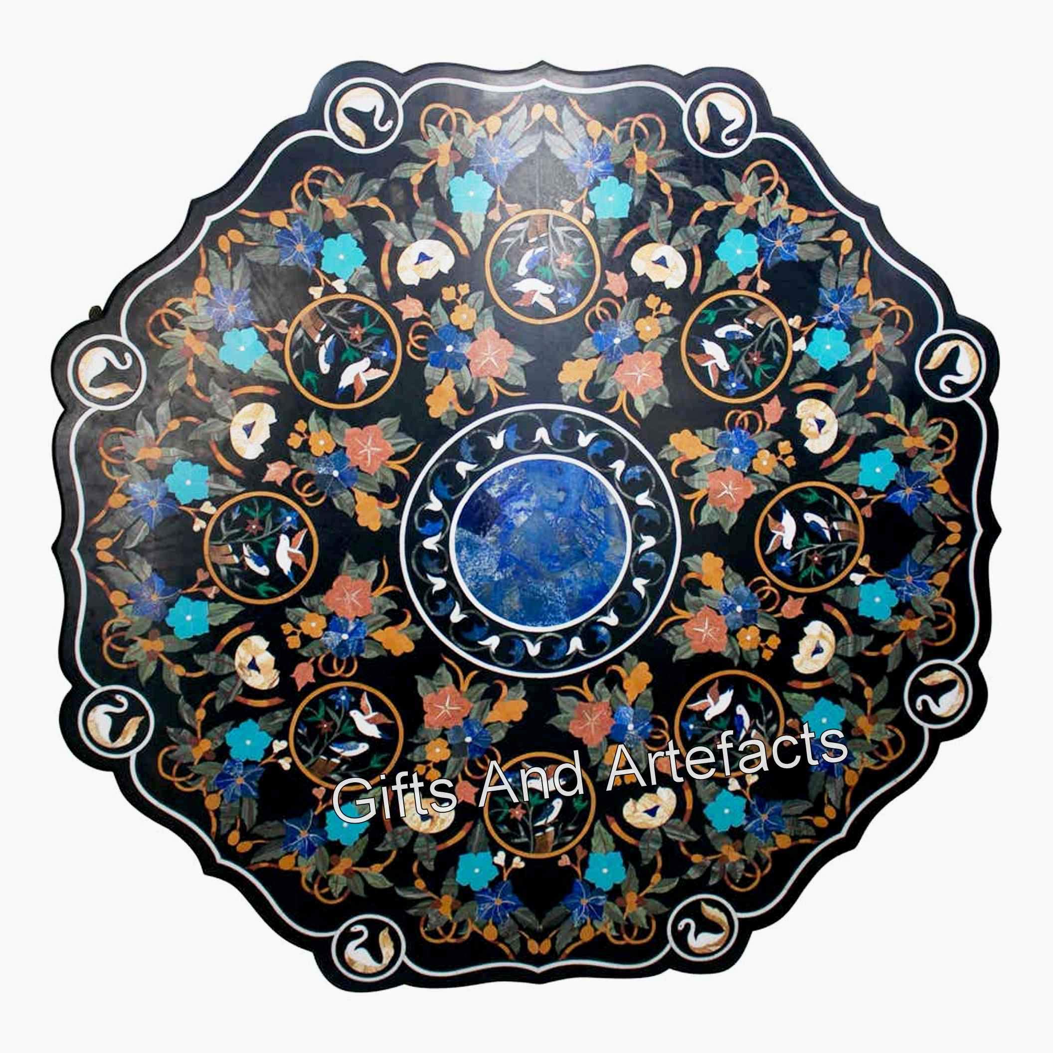60 x 60 Inches Coffee Table Inlaid with Semi Precious Stone Octagon Shape Black Marble Dining Table Top for Garden Area Decor