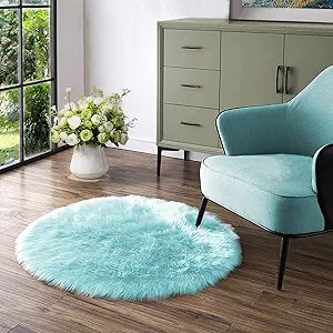 Latepis Fluffy Light Blue Round Rug 5ft Faux Fur Fluffy Washable Rugs Shag Circle Rugs for Living Room Bedroom Plush Throw Rug Room Decor