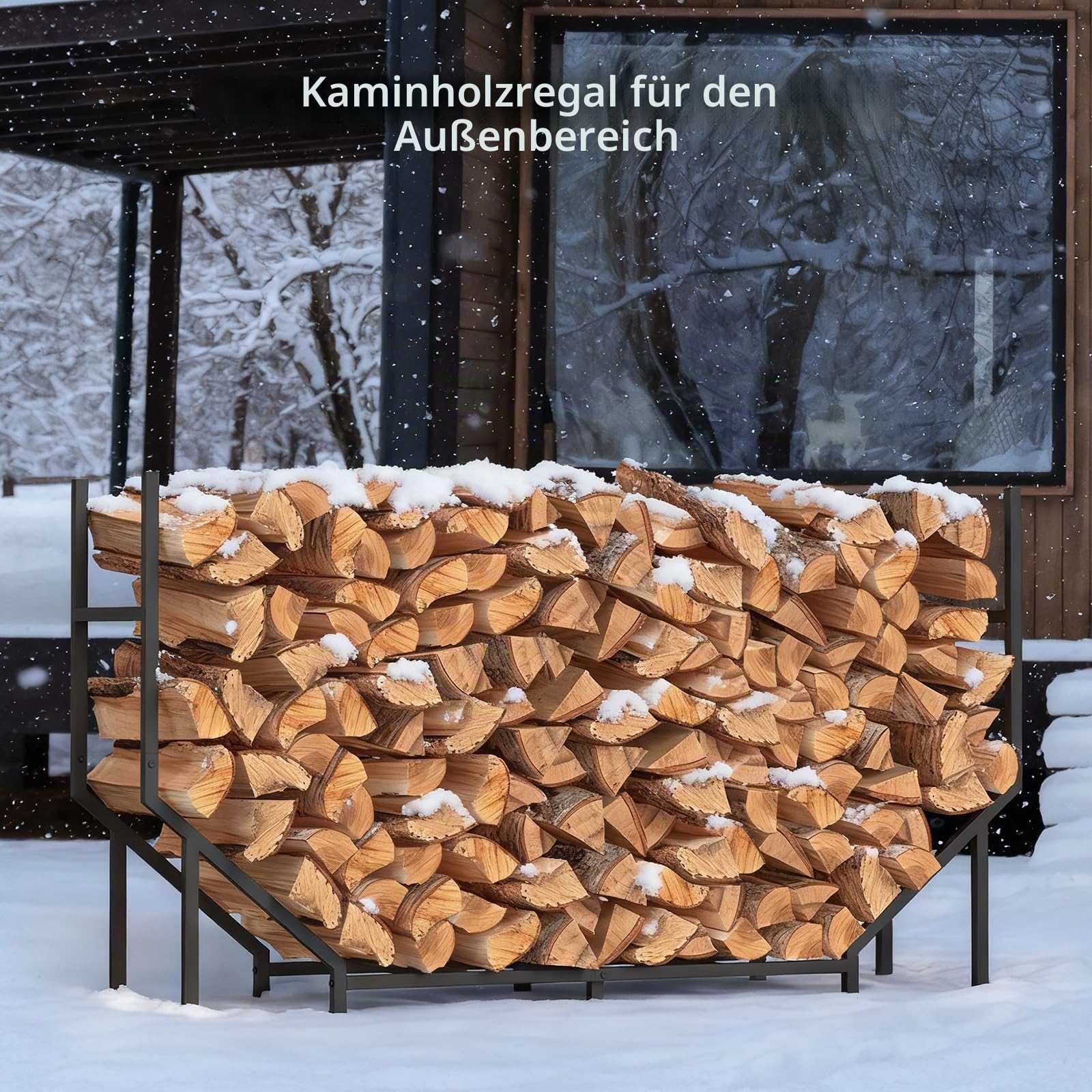 CADUKE Kaminholzregal, 1,4 m, Feuerholzhalter für drinnen und draußen, robustes Metallregal, Holzstapler, Aufbewahrungs-Organizer, Schwarz
