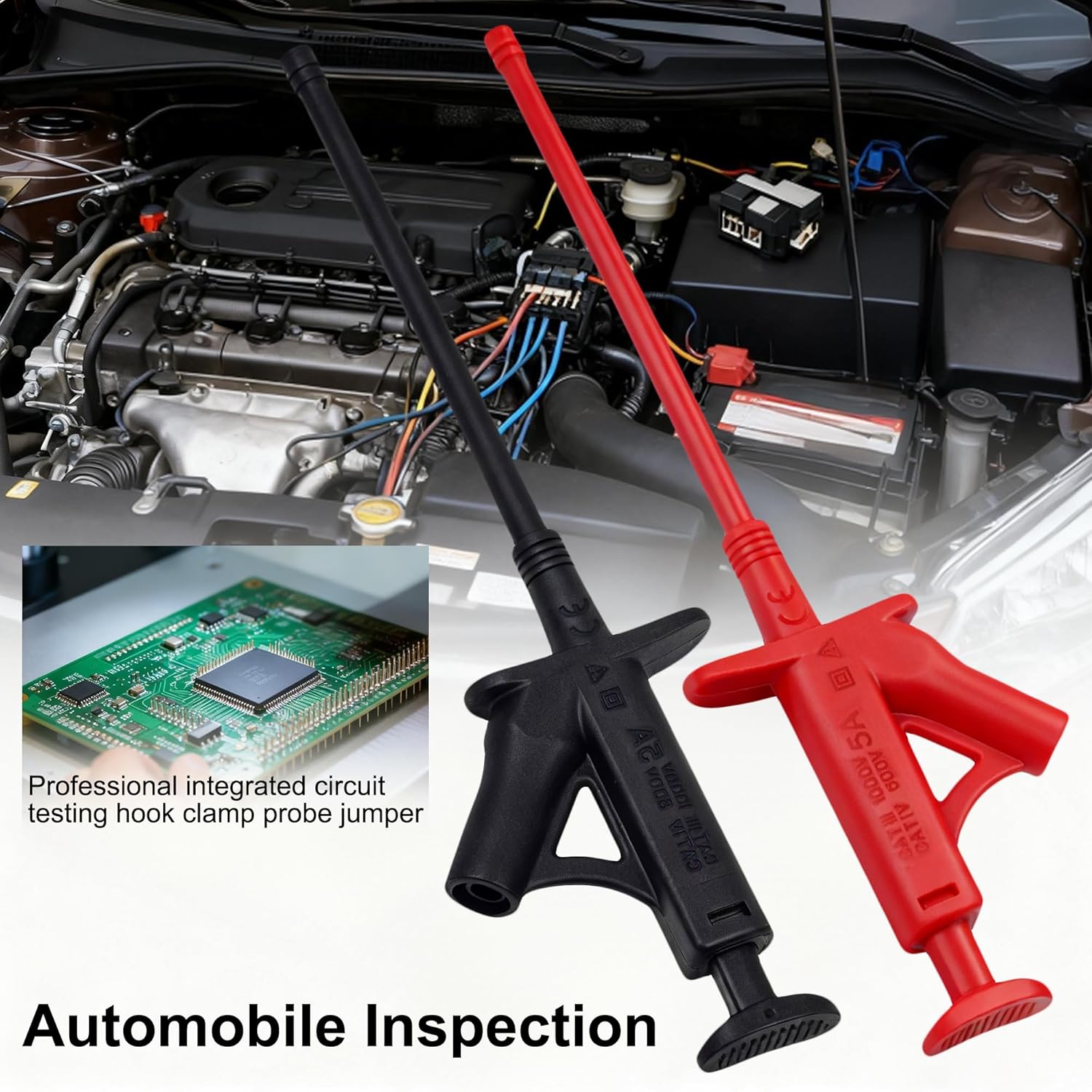 ZIBOO ZB-T15 Flexible Test Hook Clips being used for automotive inspection and integrated circuit testing.