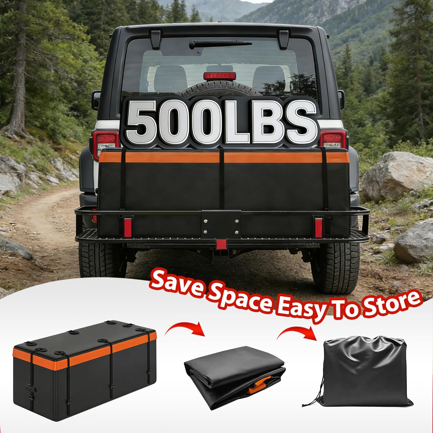 Folding Hitch Cargo Carrier Basket 60" X 20" X 6"+ Waterproof Bag (59" 24" 24"), 500 LBS Capacity, Heavy Duty Hitch Rack and Hitch Stabilizer, Cargo Net, Ratchet Straps for SUV, Truck