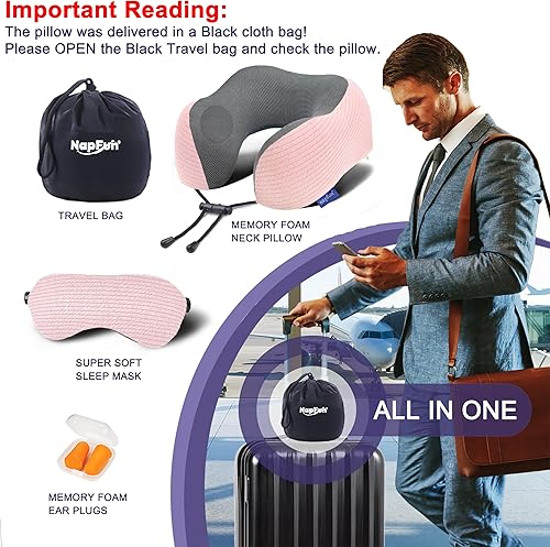 Miniatura 6 de napfun Almohada cervical para viajar, almohada cervical de viaje mejorada para avión, almohada de viaje de espuma viscoelástica 100% pura para