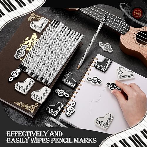 Vista 7 de 96 lápices de música, lápices de notas musicales y borradores, regalos de recital de piano, borradores de teclado de piano de madera, recuerdos