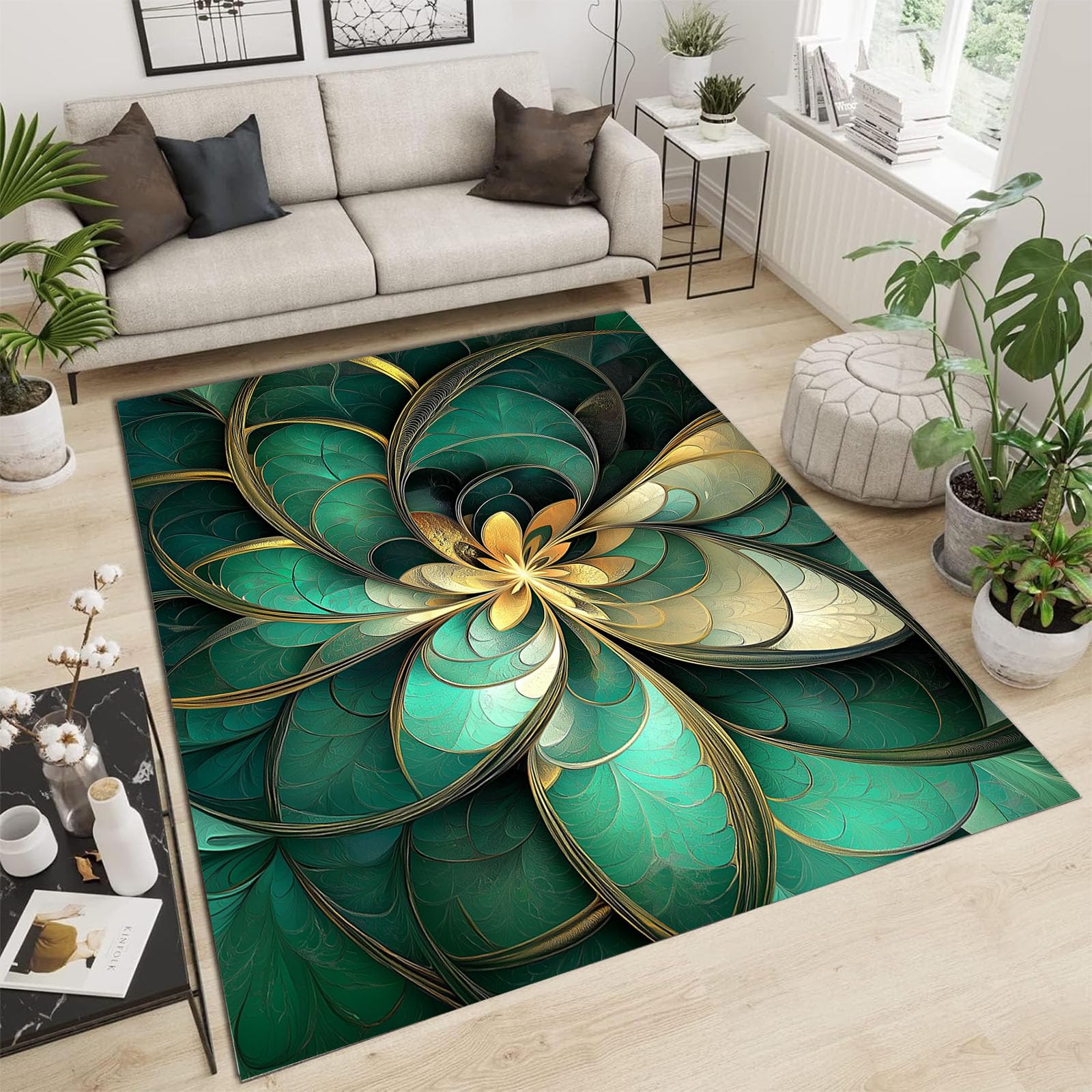 Tapis salon cyan foncé 60x90 lavable motif feuilles abstraites moderne