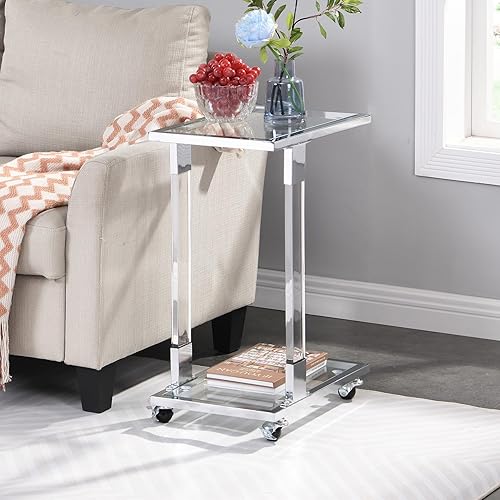 Miniatura 7 de Mesa auxiliar móvil de vidrio transparente con marco acrílico, moderna mesa auxiliar de sofá en forma de C con ruedas, mesa de aperitivos
