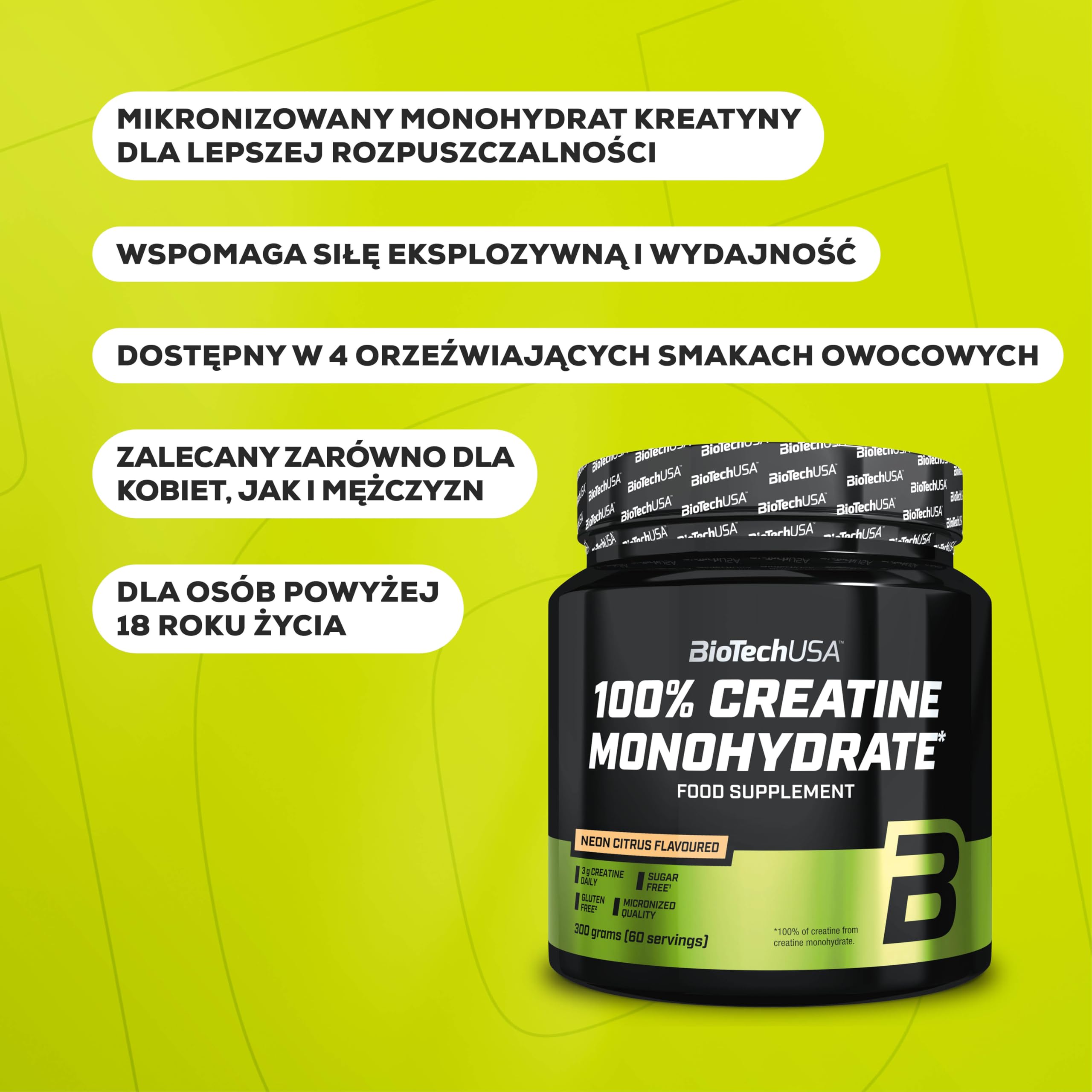 BioTechUSA 100% Creatine Monohydrate | kreatyna farmaceutycznej jakości | mikronizowana | wegańska | bezglutenowa, 300 g, Brzoskwiniowa mrożona herbata