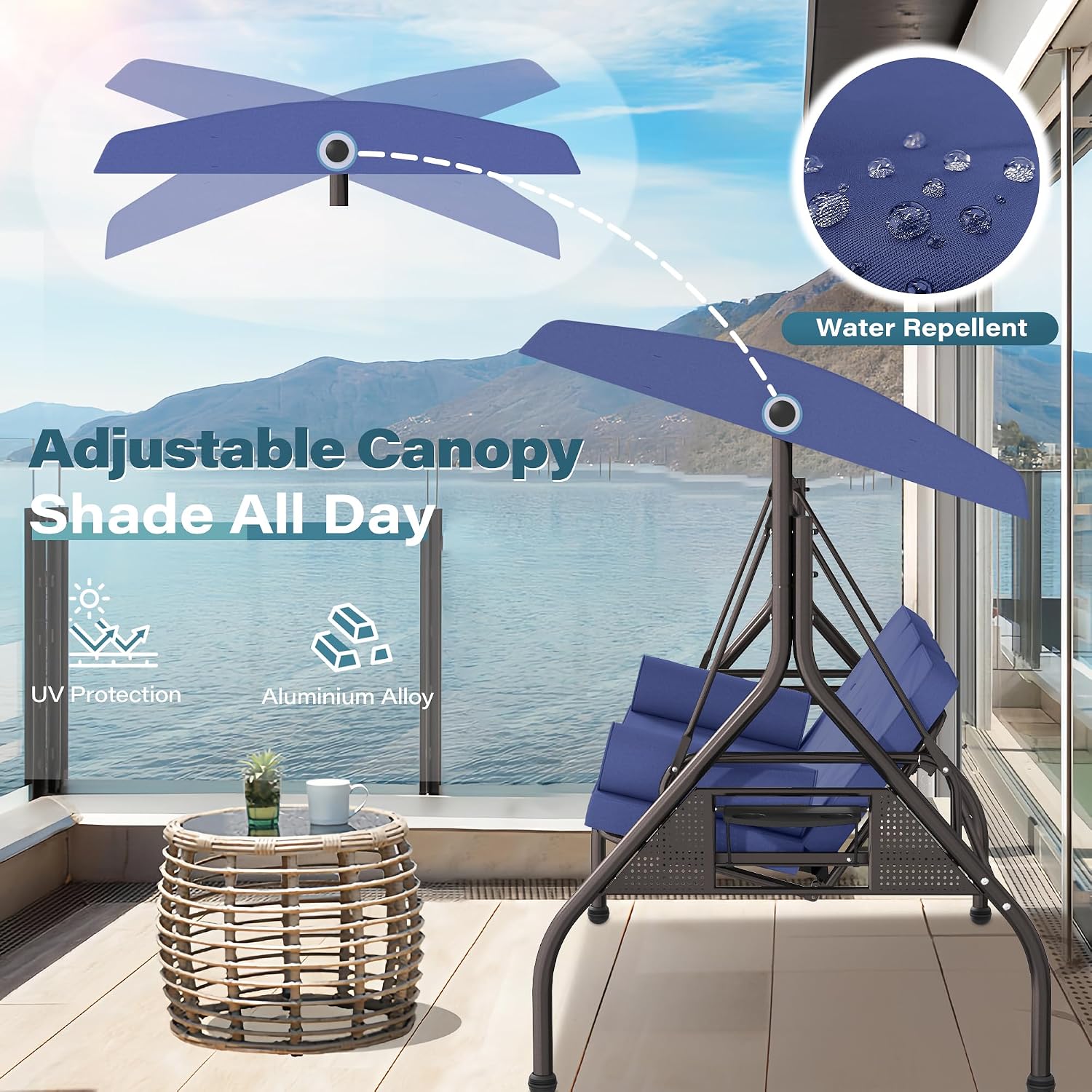 SUNCROWN Outdoor 3 in 1 Porch Swing Chair, 3 Seat Patio Swing Glider with Adjustable Canopy, Heavy Duty Swings with Thickened Cushions, Pillows & Cup Holders for Backyard, Porch, Garden,Dark Blue