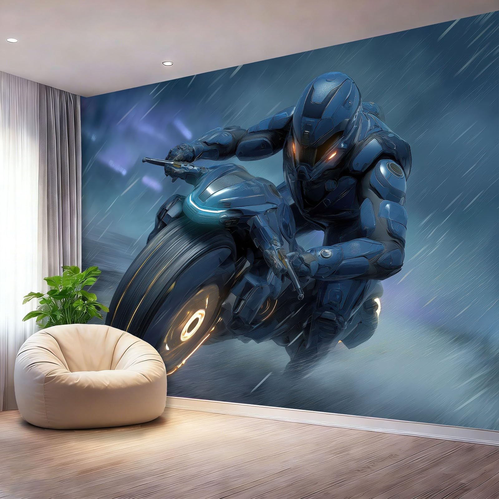Tapeta panoramiczna 400 x 280 cm, tło science fiction tapeta z motywem motocyklisty do zabaw i żłobka, ciemnoniebieska