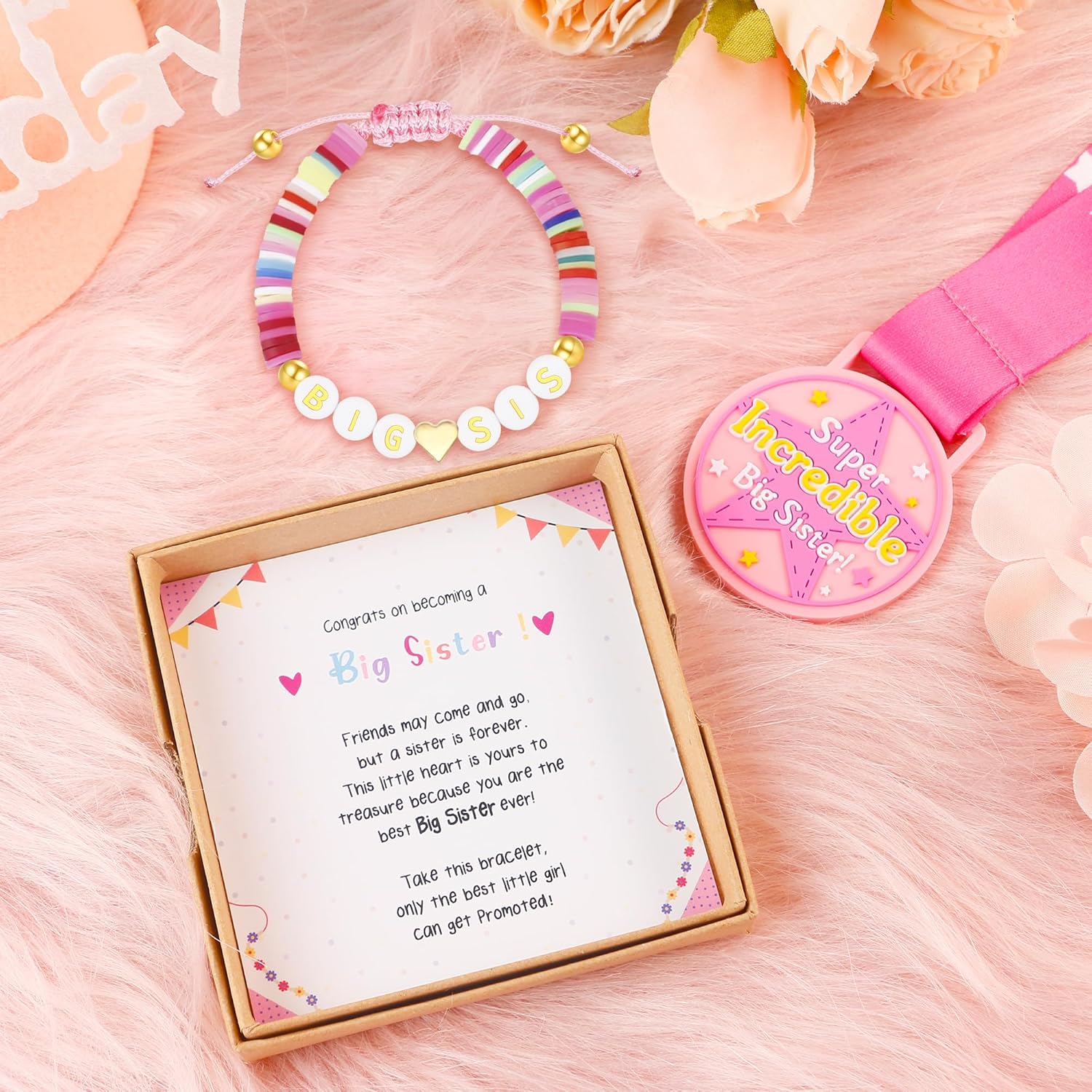 Big Sister Gifts for Girls Big Sister Bracelet Valentines Day Gifts for Sister Cute Big Sis Bracelet Sister Jewelry for Daughter with Girls Bracelet and Pink Medal Matching Sisters Shirt - Image 5