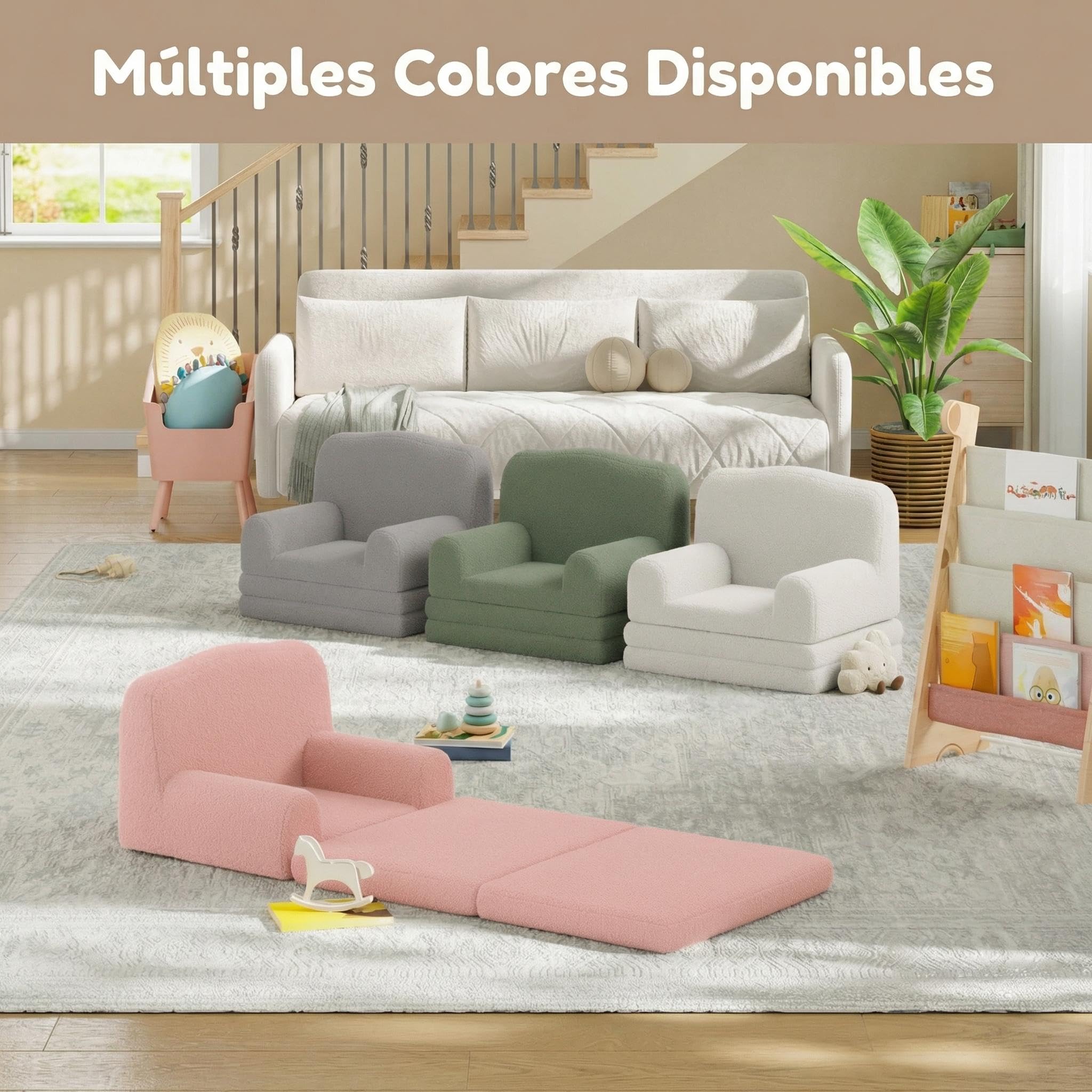 Garvee Sillón Convertible Infantil Diseño Corona – Cama Plegable 2 en 1 para Niños de 2 a 6 Años – Butaca Transformativa con Funda Lavable de Peluche Sherpa para Dormitorio, Sala de Juegos (Blanco)