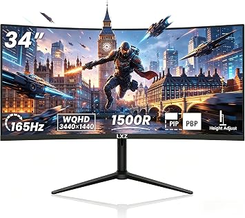 LXZ 34 Inch Curved Monitor 165Hz, UWQHD 3440 * 1440, 1500R with HDR, 219 Ultrawide Gaming Monitor with PIP PBP, Height Adjustable, 1ms MPRT, with 2xHDMI2.0 2X DP1.4 Ports