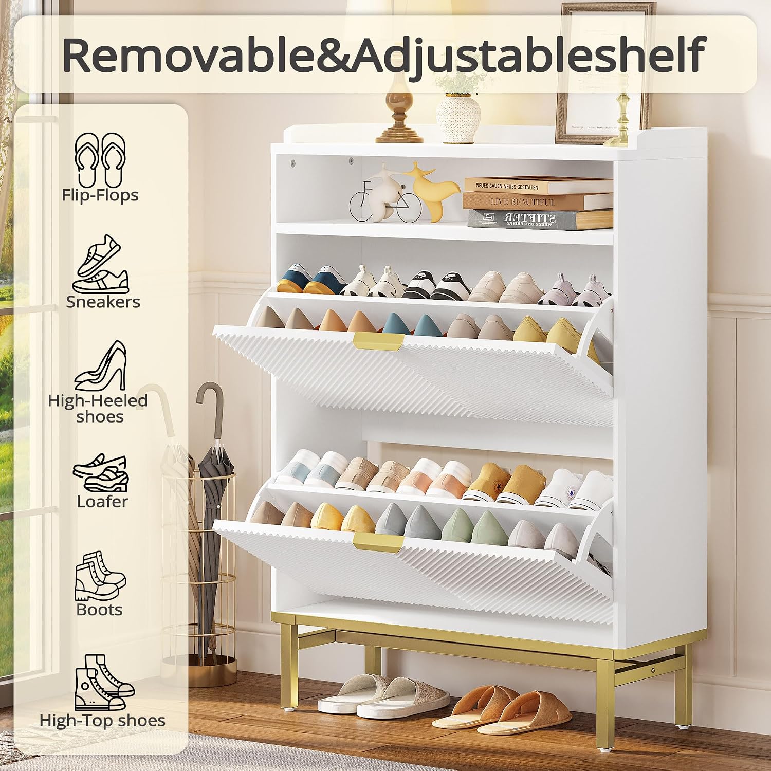 IRONCK Shoe Cabinet with 2 Flip Drawers, Fluted Narrow Shoe Storage Cabinet Organizer with Shelf, Wooden Freestanding Rack Hidden Slim Storage for Entryway, Hallway, Living Room, Bedroom, White