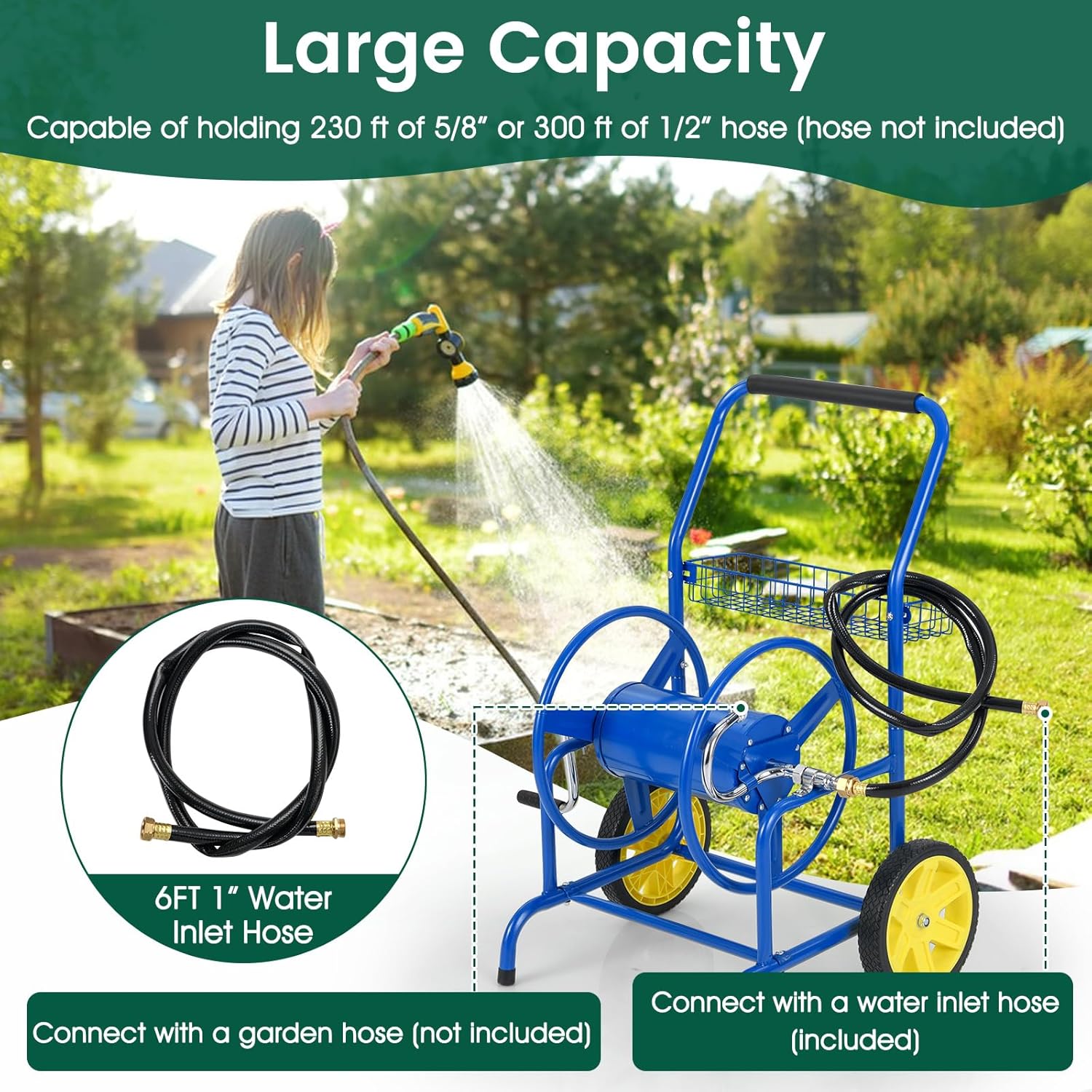 Goplus Garden Hose Reel Cart, 230 FT of 5/8" Large Capacity, Heavy-Duty Metal Hose Cart w/ 2 Wheels, Storage Basket, Portable Water Hose Organizer for Outside Yard, Outdoor Planting Tool (Blue)