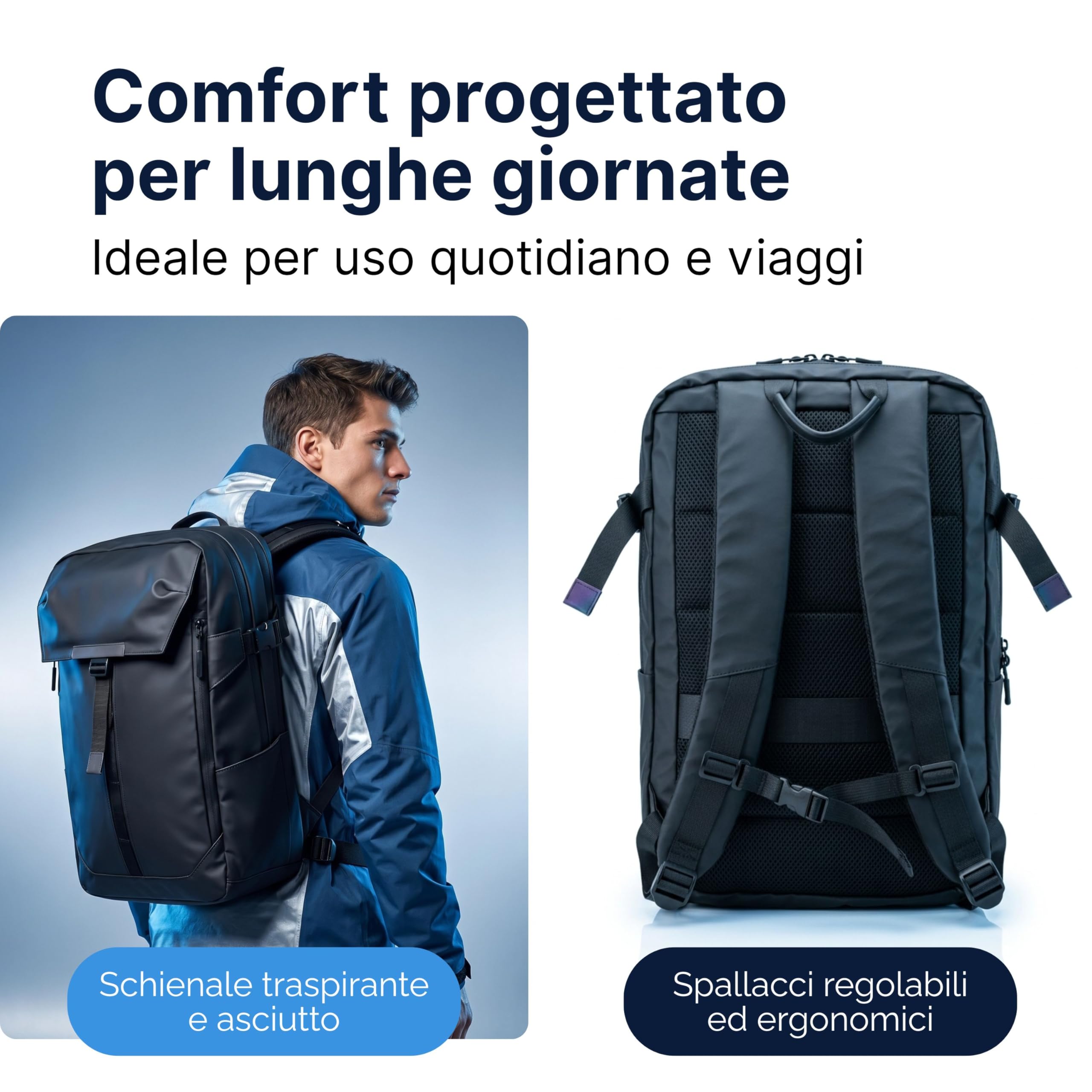 MASC Zaino da Viaggio Multitasche Impermeabile ed Ergonomico 27L, ideale come Zaino da Lavoro Porta PC 18’’, Elegante per l’Ufficio