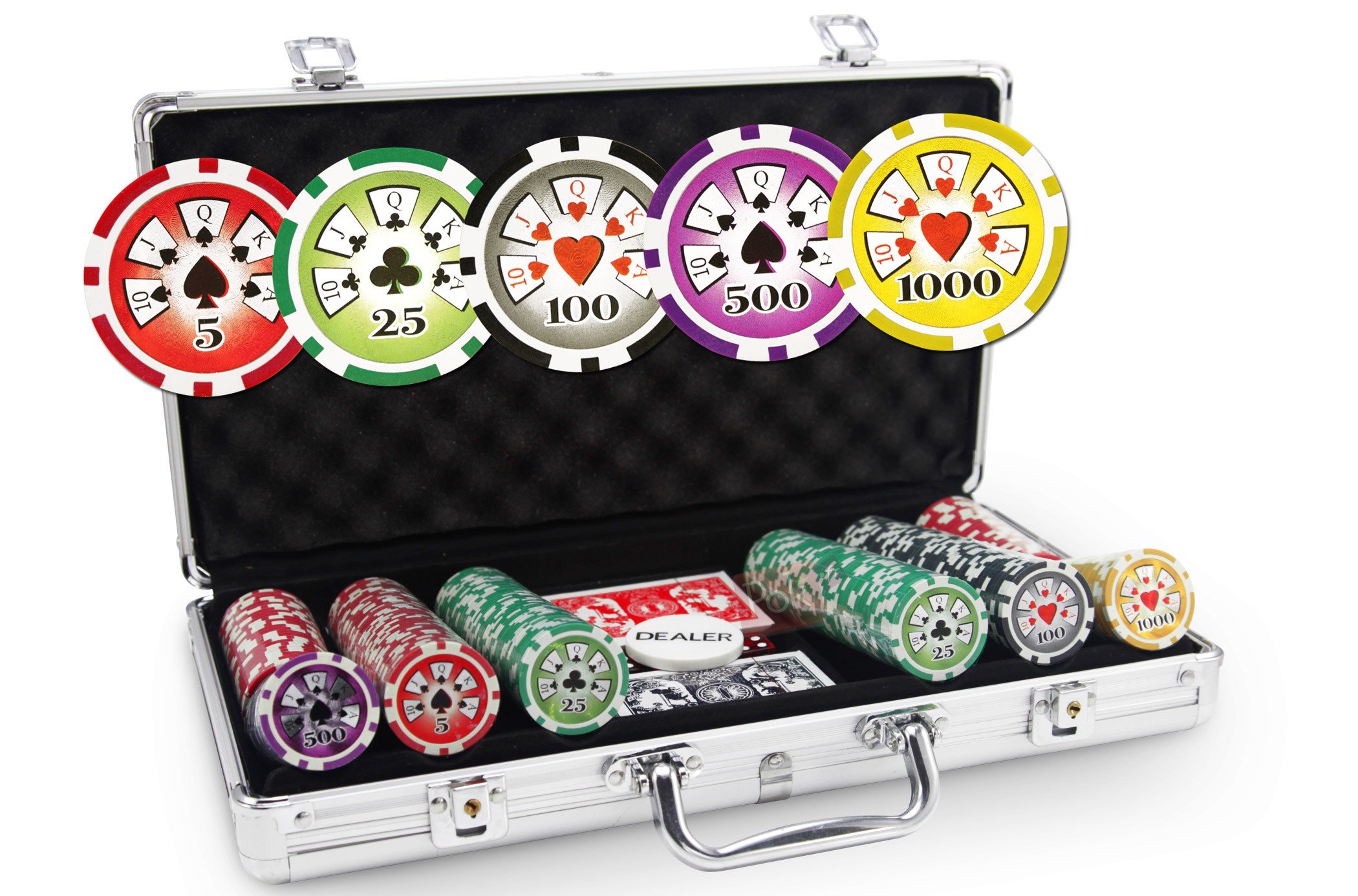 Valigetta Poker Professionale in Alluminio, Set Poker con 300 Fiches e 2 Mazzi di Carte per Texas Hold'em e Blackjack – Fiches Laser Deluxe 11,5g
