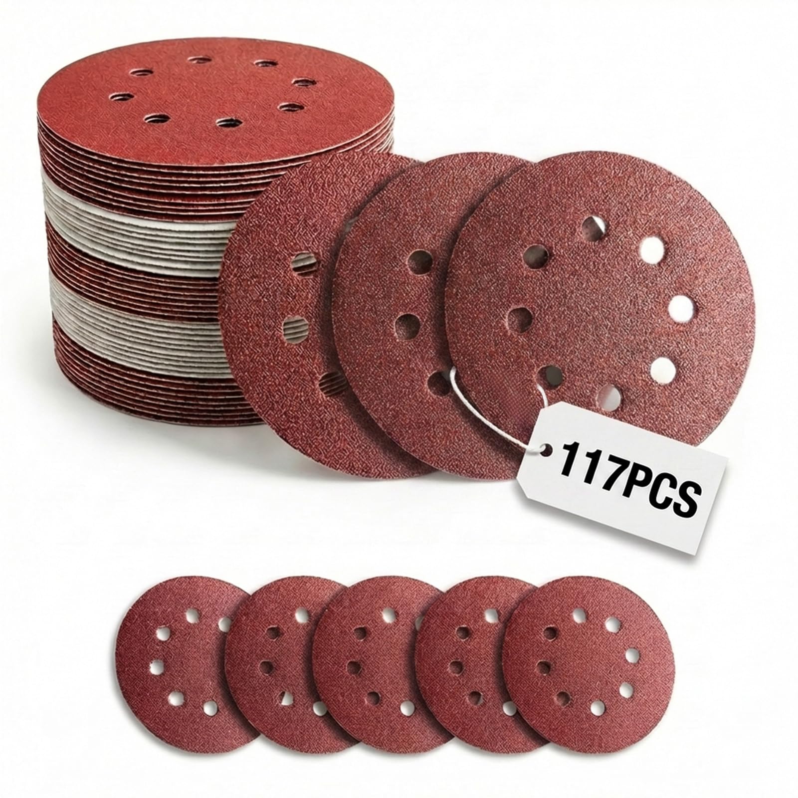 VKMKM 125mm Sanding Discs, Orbital Sander Discs, 8-Hole Hook and Loop Sandpaper for Wood & Metal, Aluminium Oxide (117PCS 40-600Grit-2)