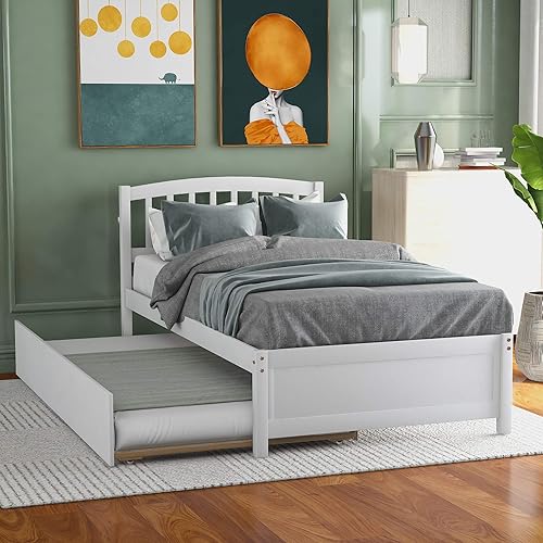Moderna cama de plataforma de madera maciza con base de cama clásica con cabecero, no necesita somier, ahorro de espacio, tamaño individual blanco