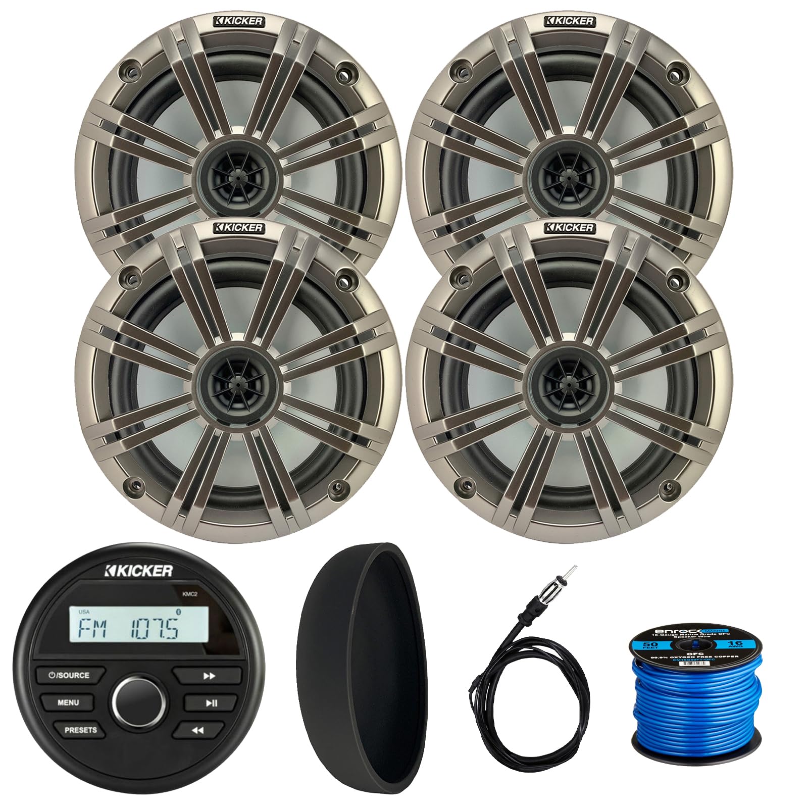 KICKER 46KMC2 Marine Bluetooth All-Weather AM/FM USB/AUX Gauge Style Media Center Receiver W/Black Cover, 4X 6.5 195W Max Power Coaxial Speakers W/Silver Grilles, Radio Antenna, Speaker Wire