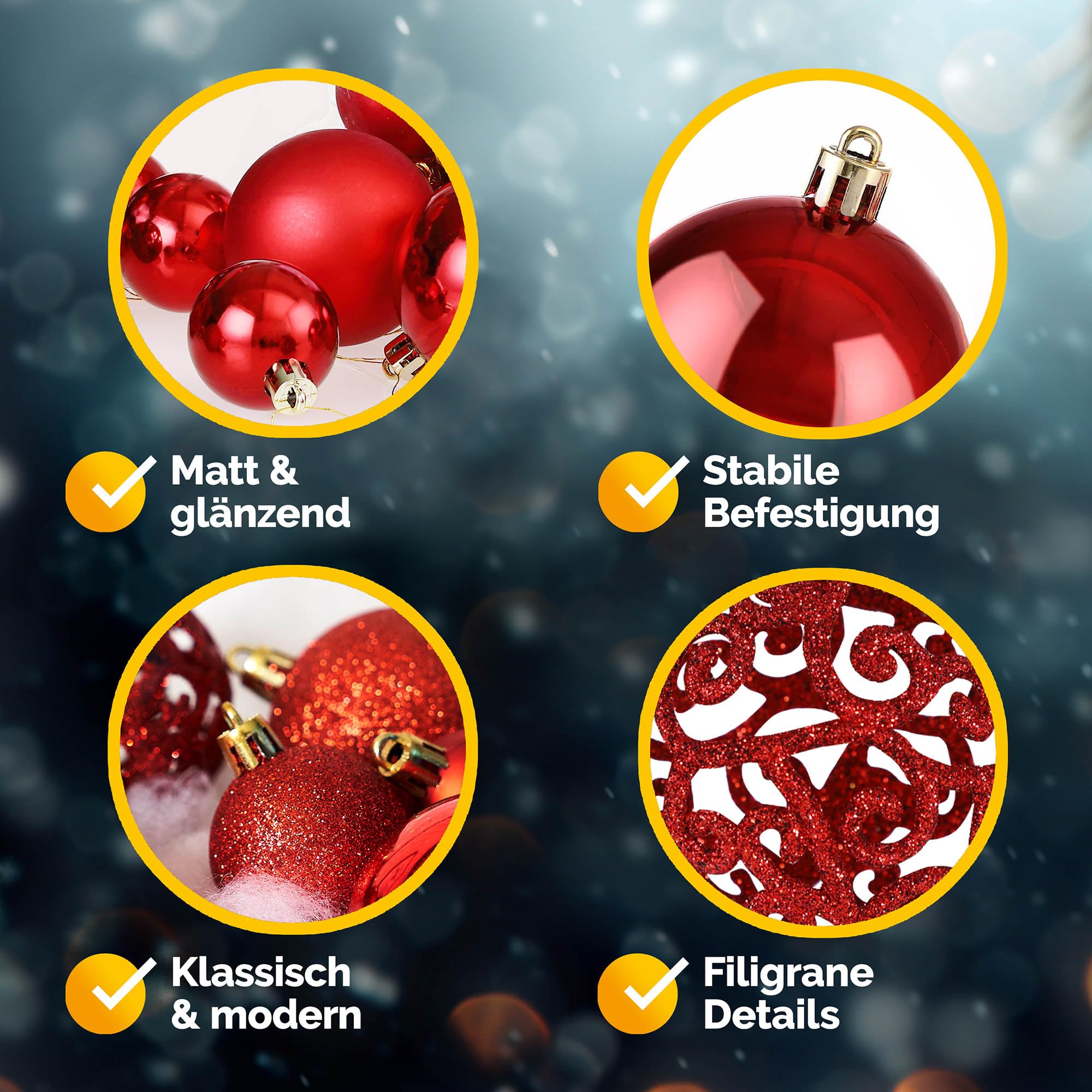 Deuba Bombki bożonarodzeniowe, zestaw 100 sztuk, tworzywo sztuczne, matowe, błyszczące, dekoracja bożonarodzeniowa, szpic na choinkę, Ø 3, 6 cm, czerwone