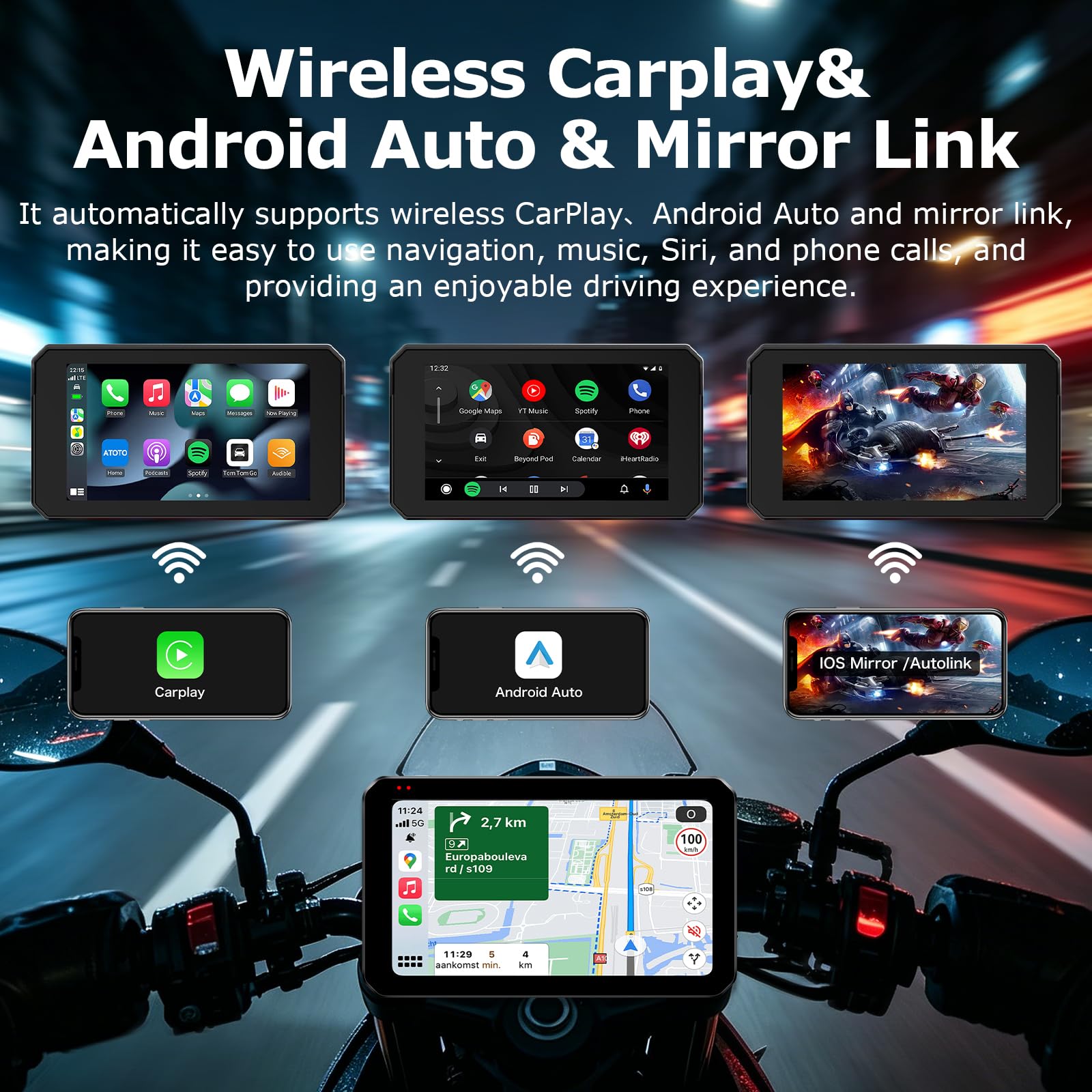 5 Zoll Motorrad Carplay Display, IP67 Ganzkörper Wasserdicht Motorrad navi Bluetooth GPS Siri/GOO-gle Assistente