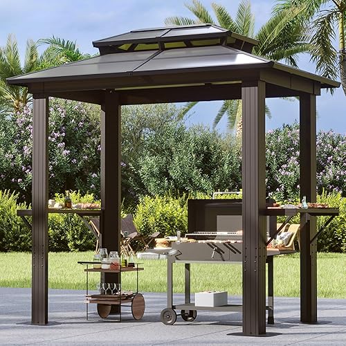 Vista 46 de Aoxun - Gazebo con techo rígido para jardines, patios con cemento o césped, pabellón permanente de policarbonato con doble techo, marco de aluminio