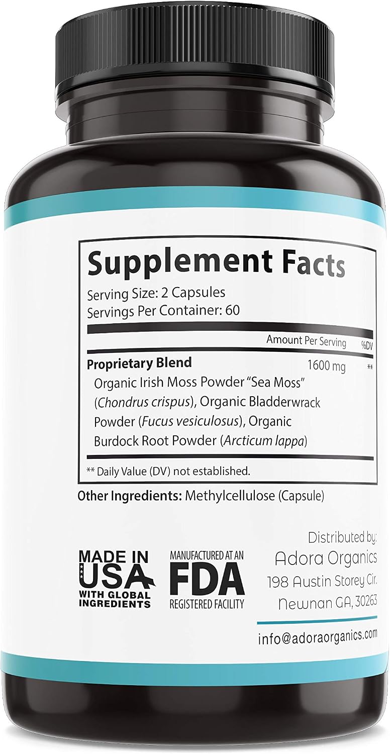 Adora Organics Sea Moss Complex, with Bladderwrack and Burdock for Joint Support, Gut and Digestive Health, Supports Immune System, Keto Detox and Cleansing, Vegan, 1600mg Per Serving, 120 Capsules
