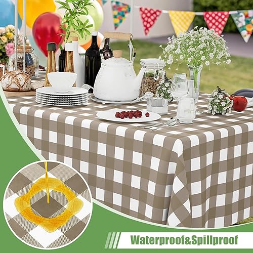 Miniatura 2 de Smiry 3 Pack Khaki Gingham Disposable Tablecloths - 54" x 108" Heavy Duty Plastic Table Cloth, Waterproof Buffalo Plaid Table Covers for Picnic,